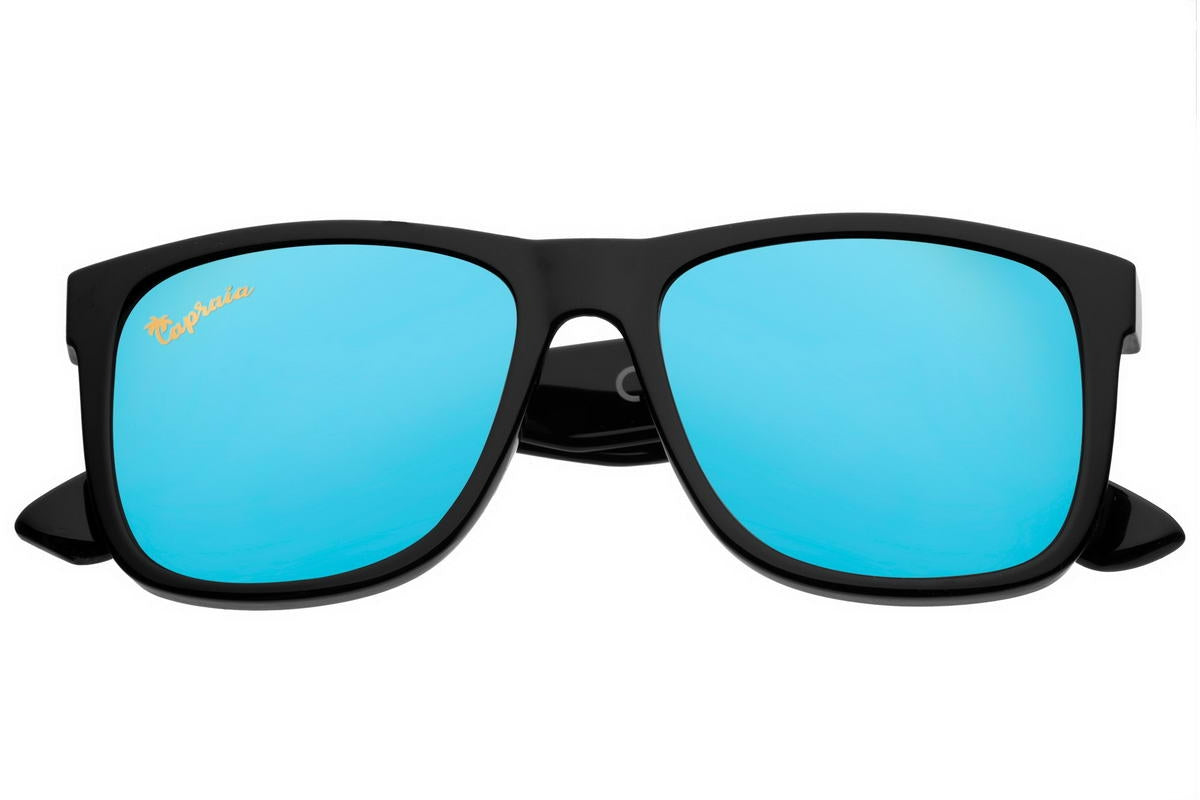 polarised blue mirrored wayfarer sunglasses with uv400 protection