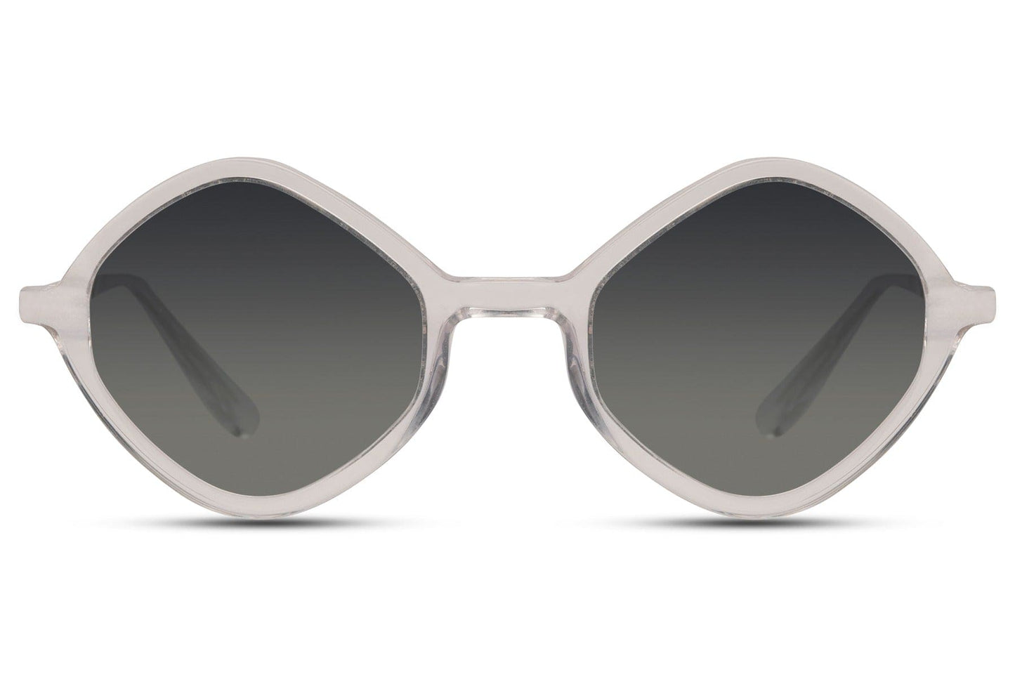 A pair of round full frame sunglasses with a geometric design, featuring black lenses and a cream frame.