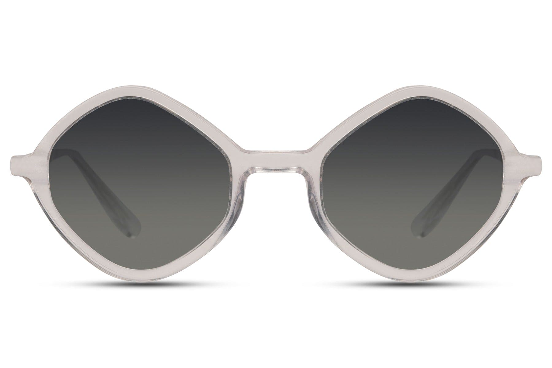 A pair of round full frame sunglasses with a geometric design, featuring black lenses and a cream frame.