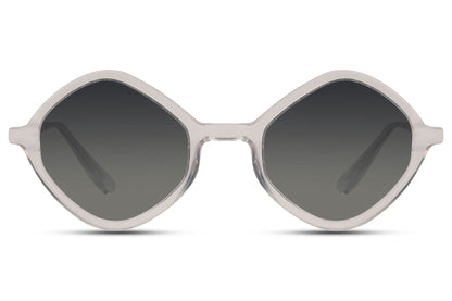 A pair of round full frame sunglasses with a geometric design, featuring black lenses and a cream frame.