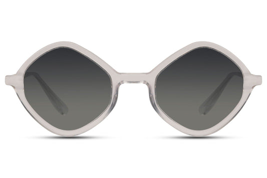 A pair of round full frame sunglasses with a geometric design, featuring black lenses and a cream frame.