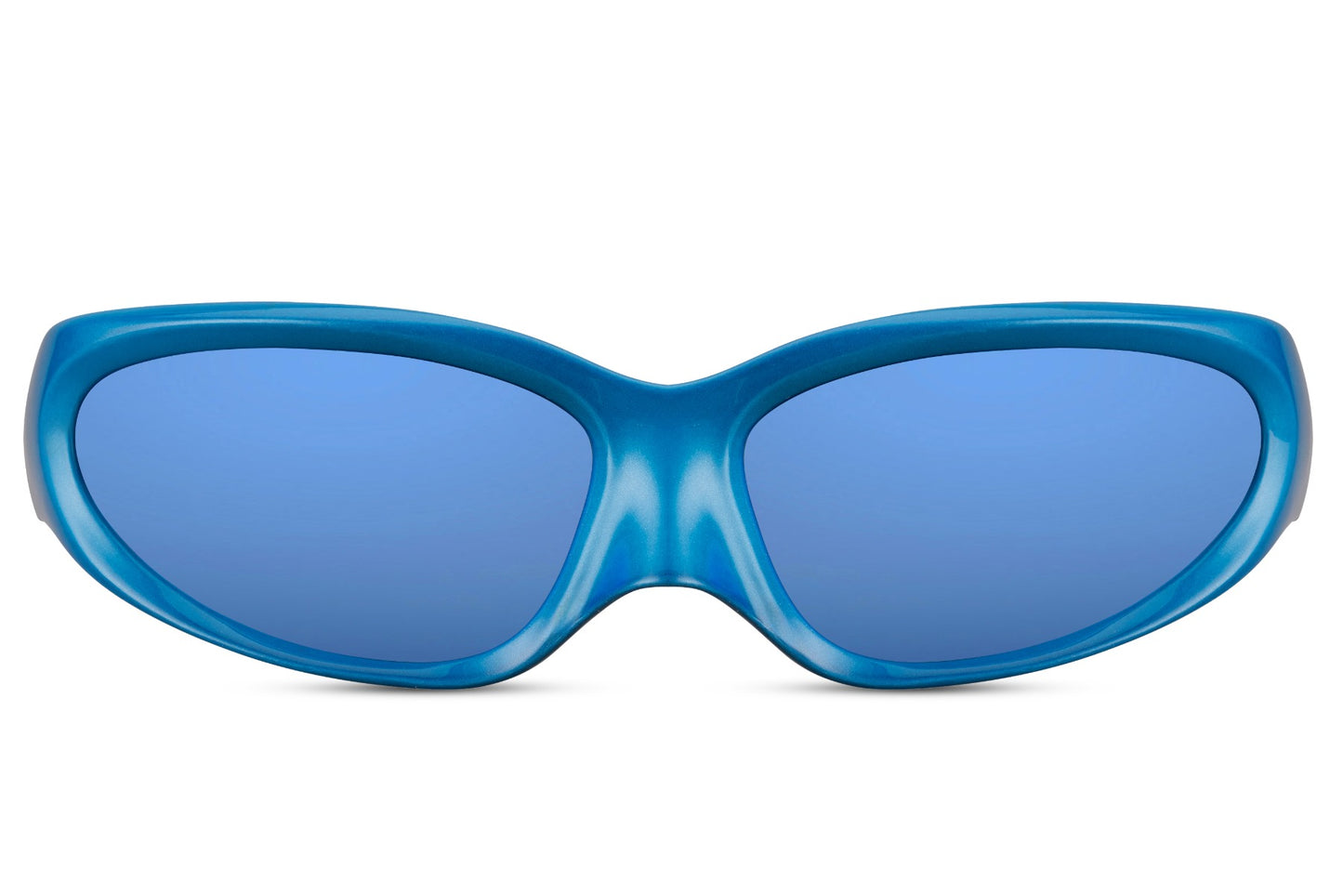 Blue frame polarized visor party sunglasses with blue mirror lens — the techno aesthetic taken to its logical extreme, wide-lens chromatic eyewear for the Amsterdam and Barcelona festival circuit, free delivery UK & Europe