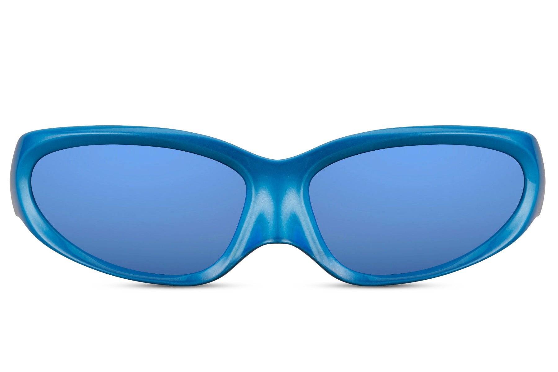 Blue frame polarized visor party sunglasses with blue mirror lens — the techno aesthetic taken to its logical extreme, wide-lens chromatic eyewear for the Amsterdam and Barcelona festival circuit, free delivery UK & Europe