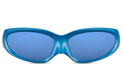 Blue frame polarized visor party sunglasses with blue mirror lens — the techno aesthetic taken to its logical extreme, wide-lens chromatic eyewear for the Amsterdam and Barcelona festival circuit, free delivery UK & Europe