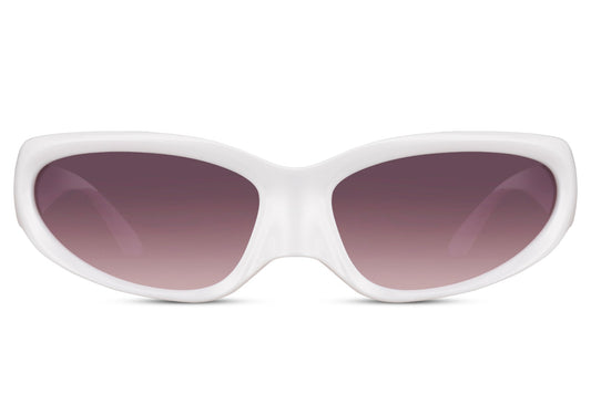 White frame polarized visor party sunglasses with rose gradient lens — futuristic wide-lens eyewear for men and women, 7cm full coverage with polycarbonate build, the statement visor for festival season and open-air living, UV400 protection