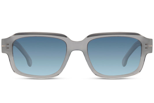 Rectangle Clubmaster sunglasses for men and women with grey acetate frame and blue gradient polarized TAC lens – fresh practical retro rectangle shades for driving, outdoor activities and city wear, free delivery across UK and Europe from Sunglass Station