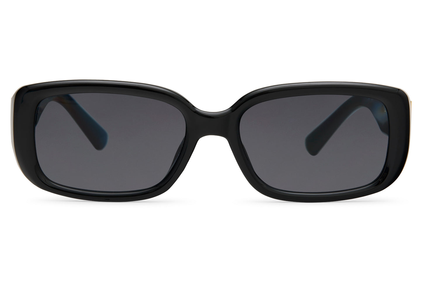 Black rectangle party sunglasses with raised temple detail — the frame shape dominating European street style in 2026, effortlessly unisex and built to last, free delivery UK & Europe