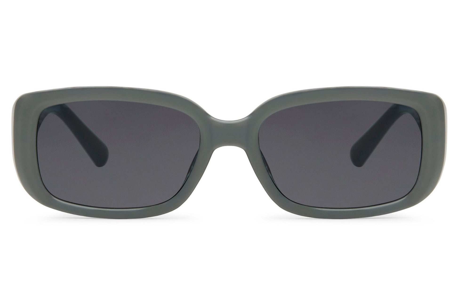 Charcoal grey rectangle party sunglasses with smoke lens — tonal dressing for men and women, the understated alternative that lets everything else in the outfit speak first, UV400 eco-friendly