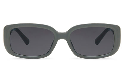 Charcoal grey rectangle party sunglasses with smoke lens — tonal dressing for men and women, the understated alternative that lets everything else in the outfit speak first, UV400 eco-friendly