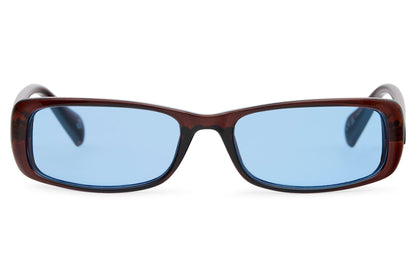 Tortoiseshell rectangle sunglasses with periwinkle blue lens — editorial cool in a wearable silhouette, the soft blue tint that sits between everyday chic and festival-ready | Sunglass Station- free shipping across UK 
& Europe
