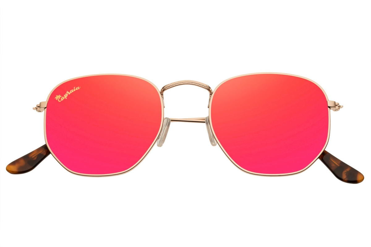 Red mirrored geometric sunglasses with a golden frame and metal accents