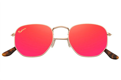 Red mirrored geometric sunglasses with a golden frame and metal accents