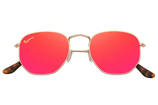 Red mirrored geometric sunglasses with a golden frame and metal accents