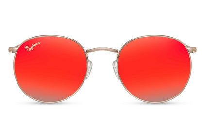 Red mirrored round sunglasses gold metal polycarbonate frame red mirror lens compact travel-ready 100% UV400 protection men women bold statement retro glamorous summer festival beach city free UK Europe shipping Sunglass Station