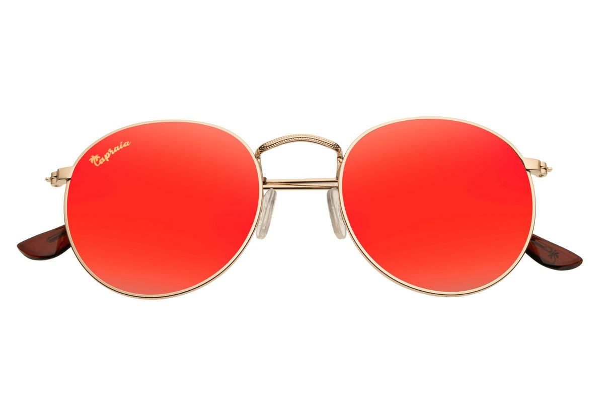 Red mirrored round sunglasses gold metal polycarbonate frame red mirror lens lightweight 100% UV400 protection men women comfortable all-day bold retro summer festival city beach free UK Europe delivery Sunglass Station