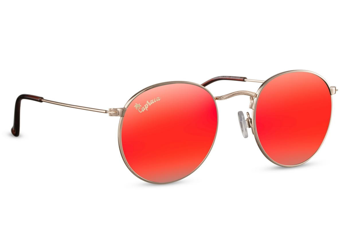 Red mirrored round sunglasses gold slim metal frame red mirror lens slim temple detail 100% UV400 protection men women bold retro glamorous summer festival beach city free UK Europe shipping Sunglass Station