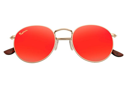Red mirrored round sunglasses gold metal polycarbonate frame red mirror lens 100% UV400 protection men women bold statement retro festival summer beach city eyewear free UK Europe delivery Sunglass Station