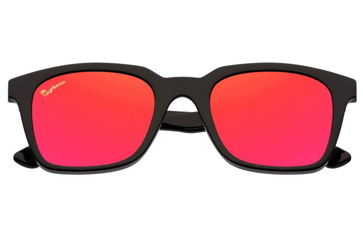 A pair of red mirrored wayfarer sunglasses with a black frame.