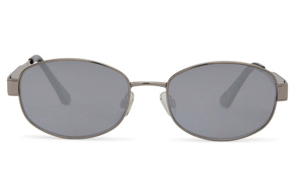 Retro oval sunglasses for men and women with silver copper frame and grey tinted recycled lens – vintage-inspired unisex eyewear for city wear and holidays, free UK and Europe delivery by Sunglass Station