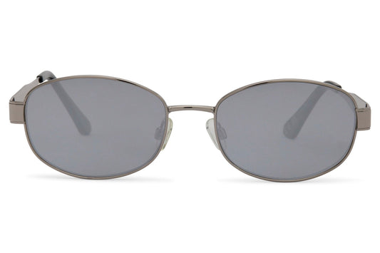 Retro oval sunglasses for men and women with silver copper frame and grey tinted recycled lens – vintage-inspired unisex eyewear for city wear and holidays, free UK and Europe delivery by Sunglass Station