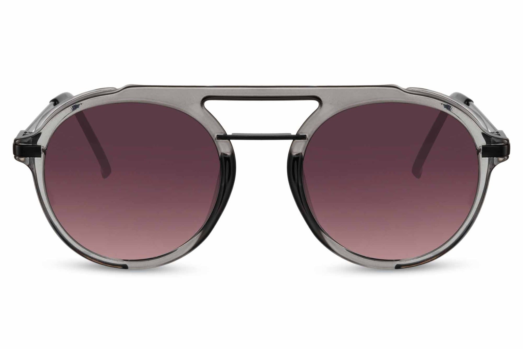 Retro round sunglasses grey black metal polycarbonate frame pink gradient lens durable 100% UV400 protection women travel-ready bold retro glamorous summer city beach free UK Europe delivery Sunglass Station