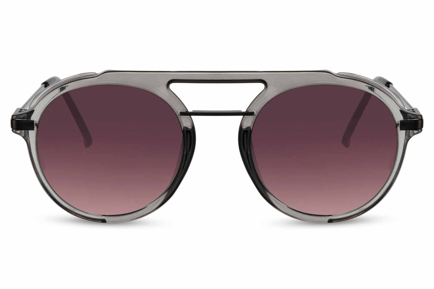 Retro round sunglasses grey black metal polycarbonate double bridge frame pink rose gradient lens 100% UV400 protection women bold feminine retro summer festival city beach brunch free UK Europe delivery Sunglass Station