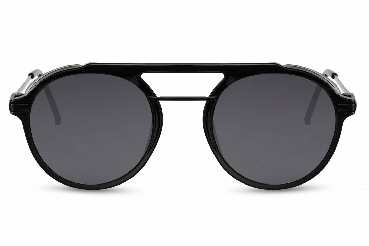 Retro round sunglasses grey black metal polycarbonate double bridge frame smoke lens 100% UV400 protection men women bold sophisticated retro everyday city summer driving beach free UK Europe shipping Sunglass Station