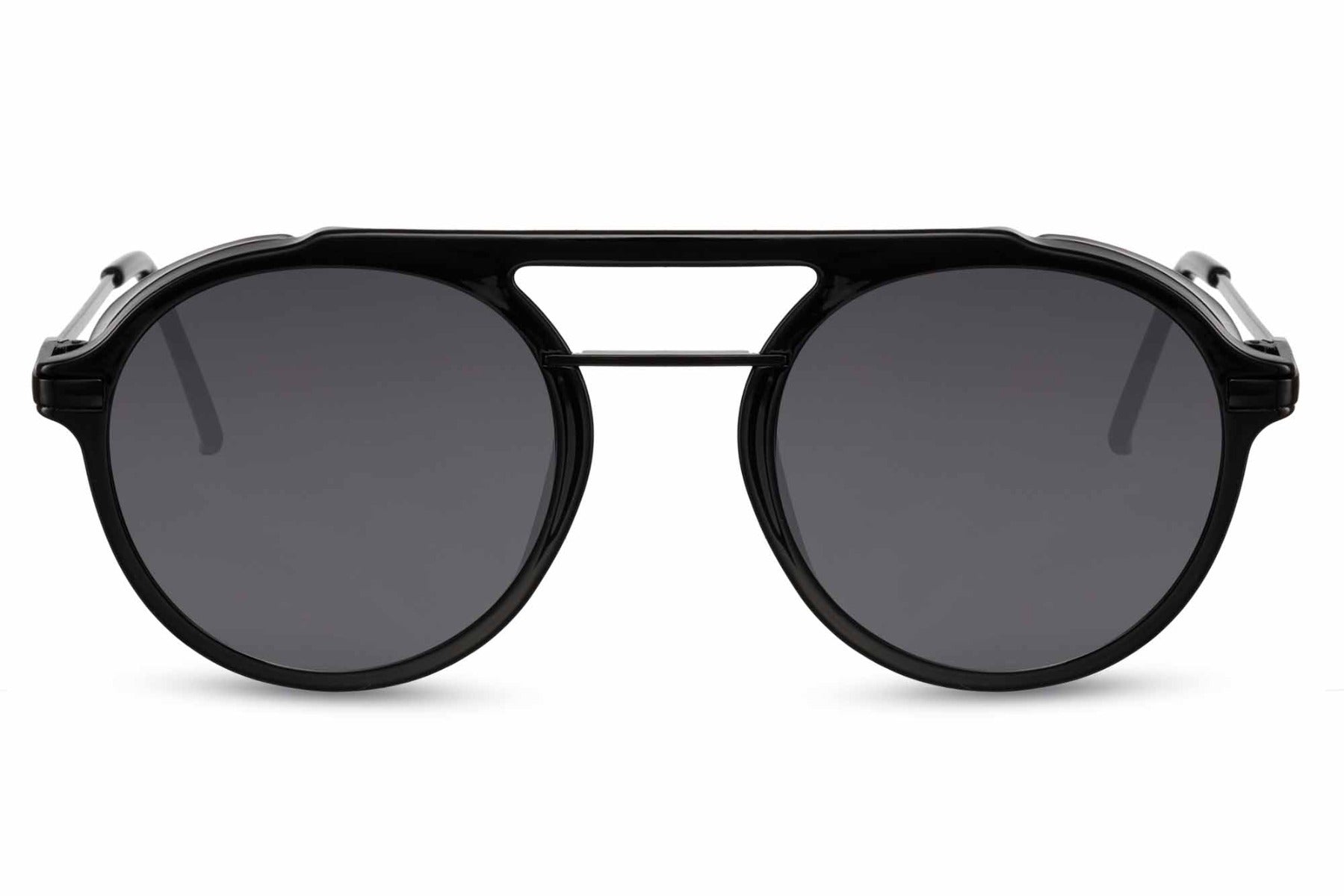 Retro round sunglasses grey black metal polycarbonate double bridge frame smoke lens 100% UV400 protection men women bold sophisticated retro everyday city summer driving beach free UK Europe shipping Sunglass Station