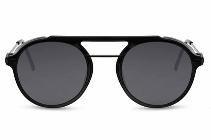 Retro round sunglasses grey black metal polycarbonate double bridge frame smoke lens 100% UV400 protection men women bold sophisticated retro everyday city summer driving beach free UK Europe shipping Sunglass Station