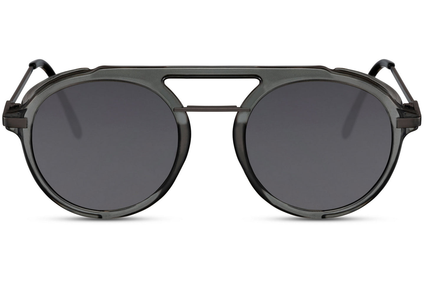 Retro round sunglasses grey black metal polycarbonate frame smoke lens 100% UV400 protection men women double bridge bold retro vintage summer city beach driving festival free UK Europe delivery Sunglass Station