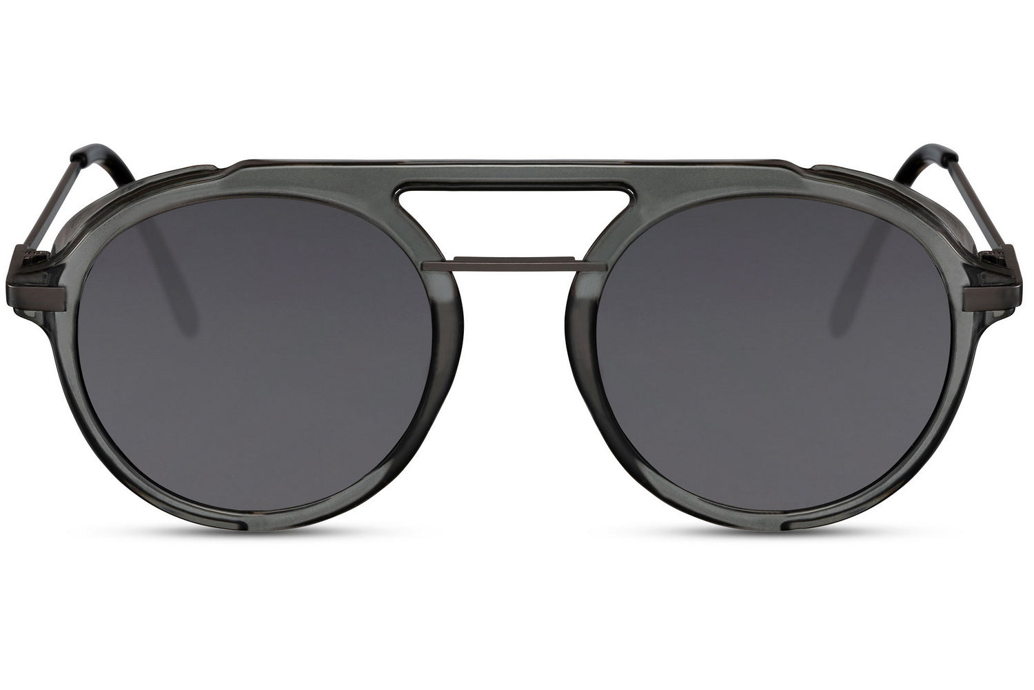 Retro round sunglasses grey black metal polycarbonate frame smoke lens 100% UV400 protection men women double bridge bold retro vintage summer city beach driving festival free UK Europe delivery Sunglass Station