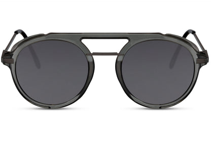 Retro round sunglasses grey black metal polycarbonate frame smoke lens 100% UV400 protection men women double bridge bold retro vintage summer city beach driving festival free UK Europe delivery Sunglass Station