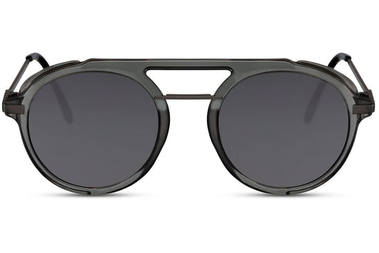 Retro round sunglasses grey black metal polycarbonate frame smoke lens 100% UV400 protection men women double bridge bold retro vintage summer city beach driving festival free UK Europe delivery Sunglass Station