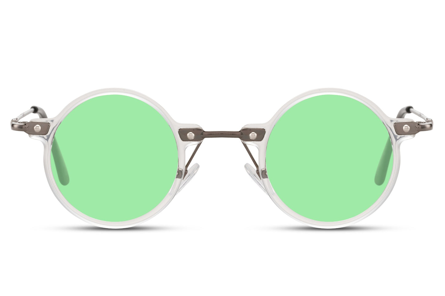 Retro round sunglasses silver metal frame bright green polycarbonate lens 100% UV400 protection men women bold statement party festival summer beach city eyewear free UK Europe shipping Sunglass Station