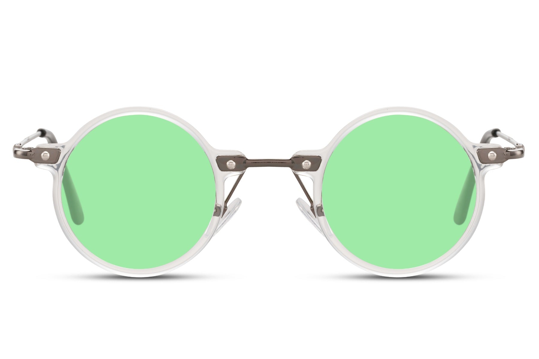 Retro round sunglasses silver metal frame bright green polycarbonate lens 100% UV400 protection men women bold statement party festival summer beach city eyewear free UK Europe shipping Sunglass Station