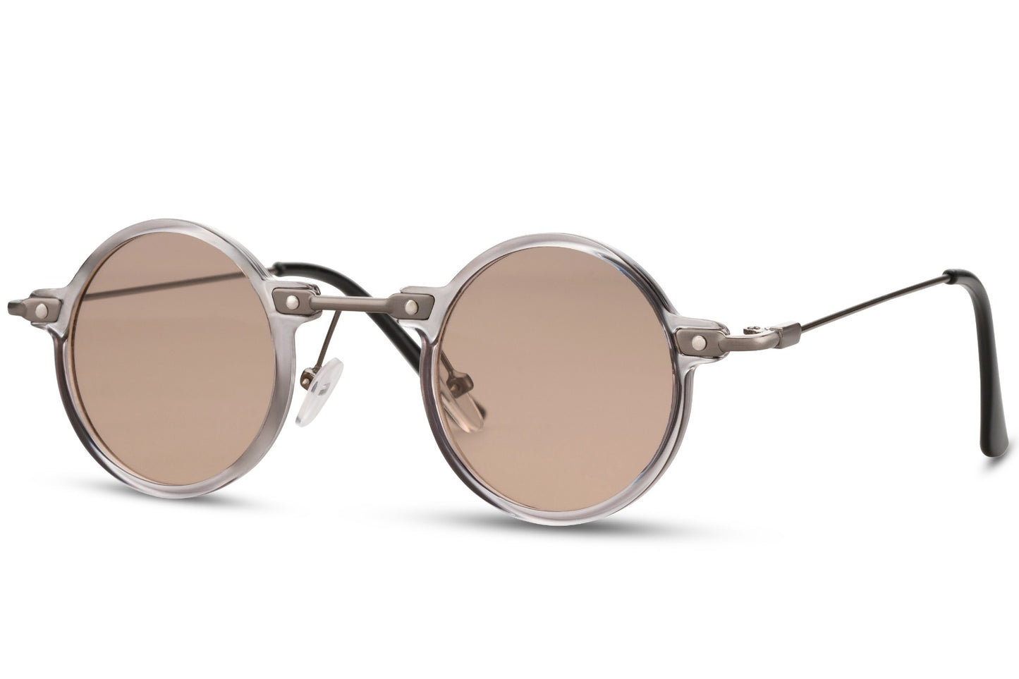 Retro round sunglasses silver slim metal frame brown nude polycarbonate lens 100% UV400 protection men women retro contemporary party summer festival city everyday wear free UK Europe shipping Sunglass Station