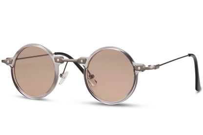 Retro round sunglasses silver slim metal frame brown nude polycarbonate lens 100% UV400 protection men women retro contemporary party summer festival city everyday wear free UK Europe shipping Sunglass Station