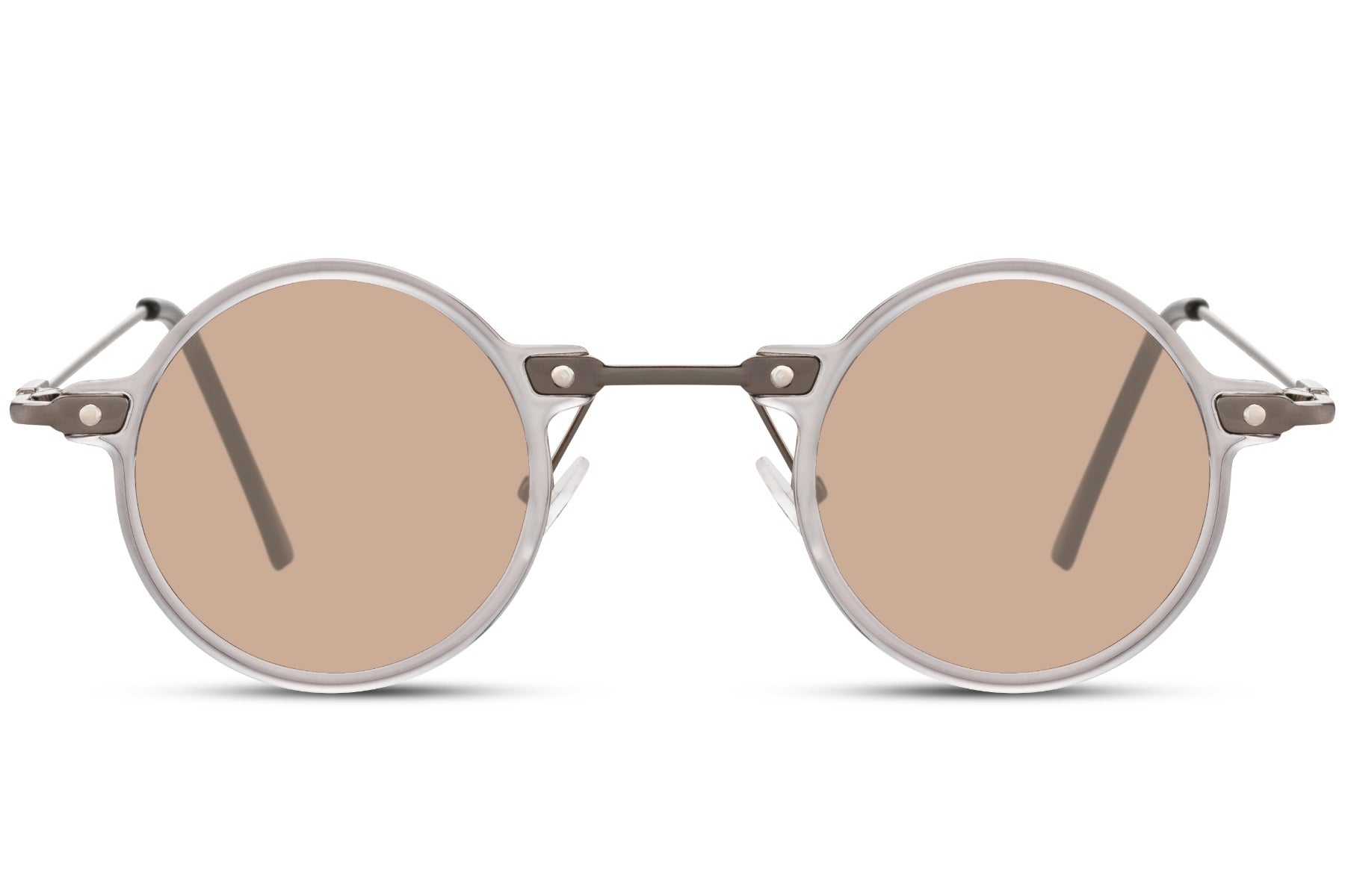 Retro round sunglasses silver metal frame warm brown nude polycarbonate lens 100% UV400 protection men women lightweight durable party festival summer city beach free UK Europe delivery Sunglass Station