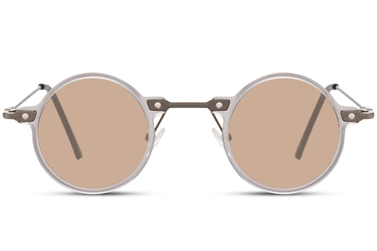 Retro round sunglasses silver metal frame warm brown nude polycarbonate lens 100% UV400 protection men women lightweight durable party festival summer city beach free UK Europe delivery Sunglass Station