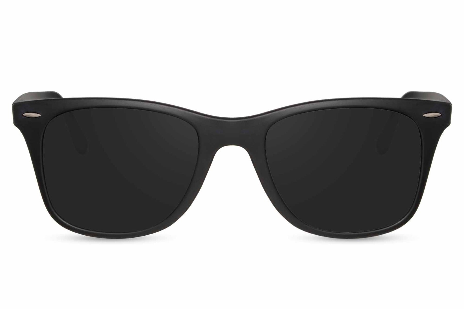 Retro inspired matte black wayfarer shades with sleek black frame for men’s fashion