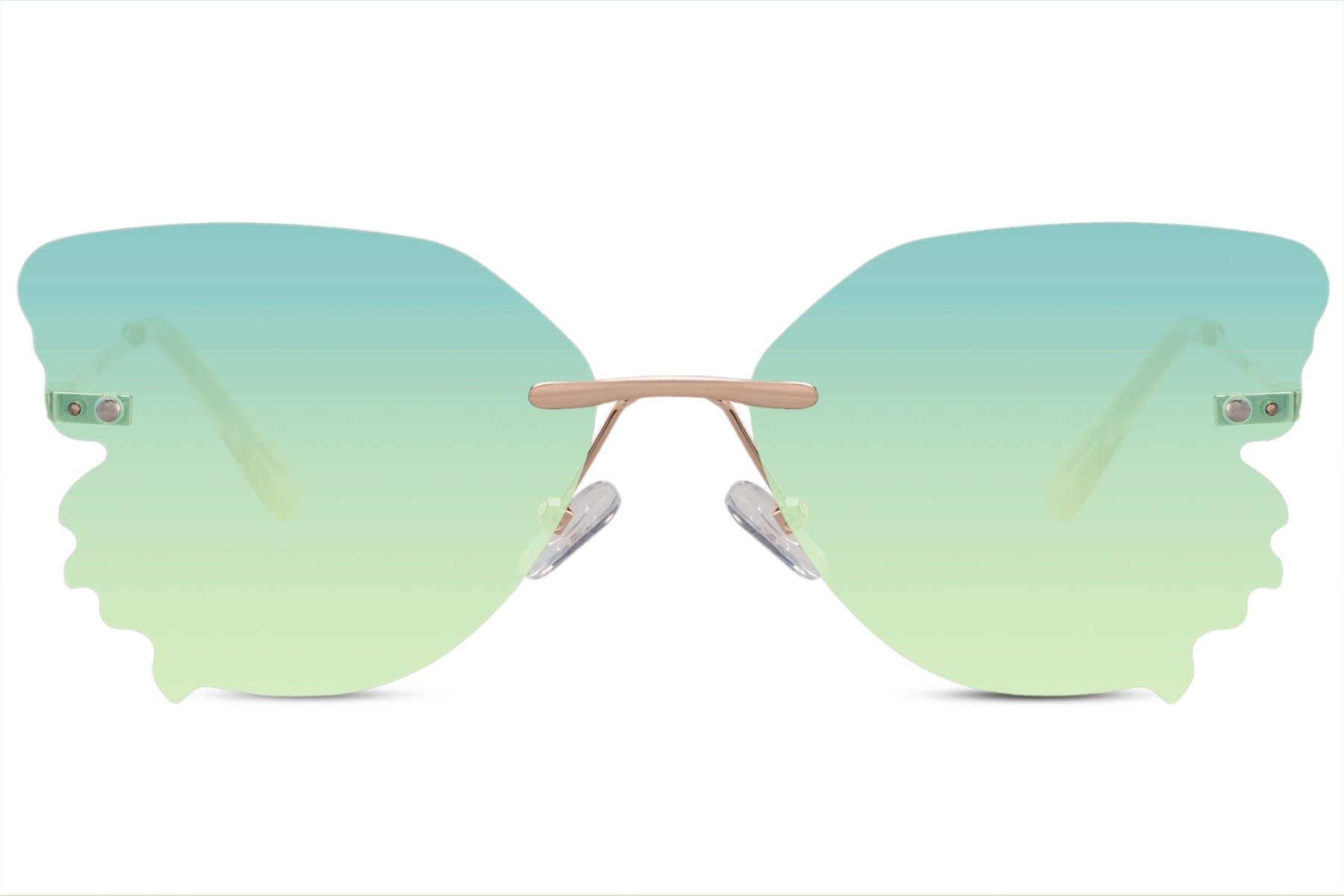 Rimless butterfly party sunglasses with mint green translucent lens and gold frame — unique festival and summer eyewear for women | Sunglass Station
