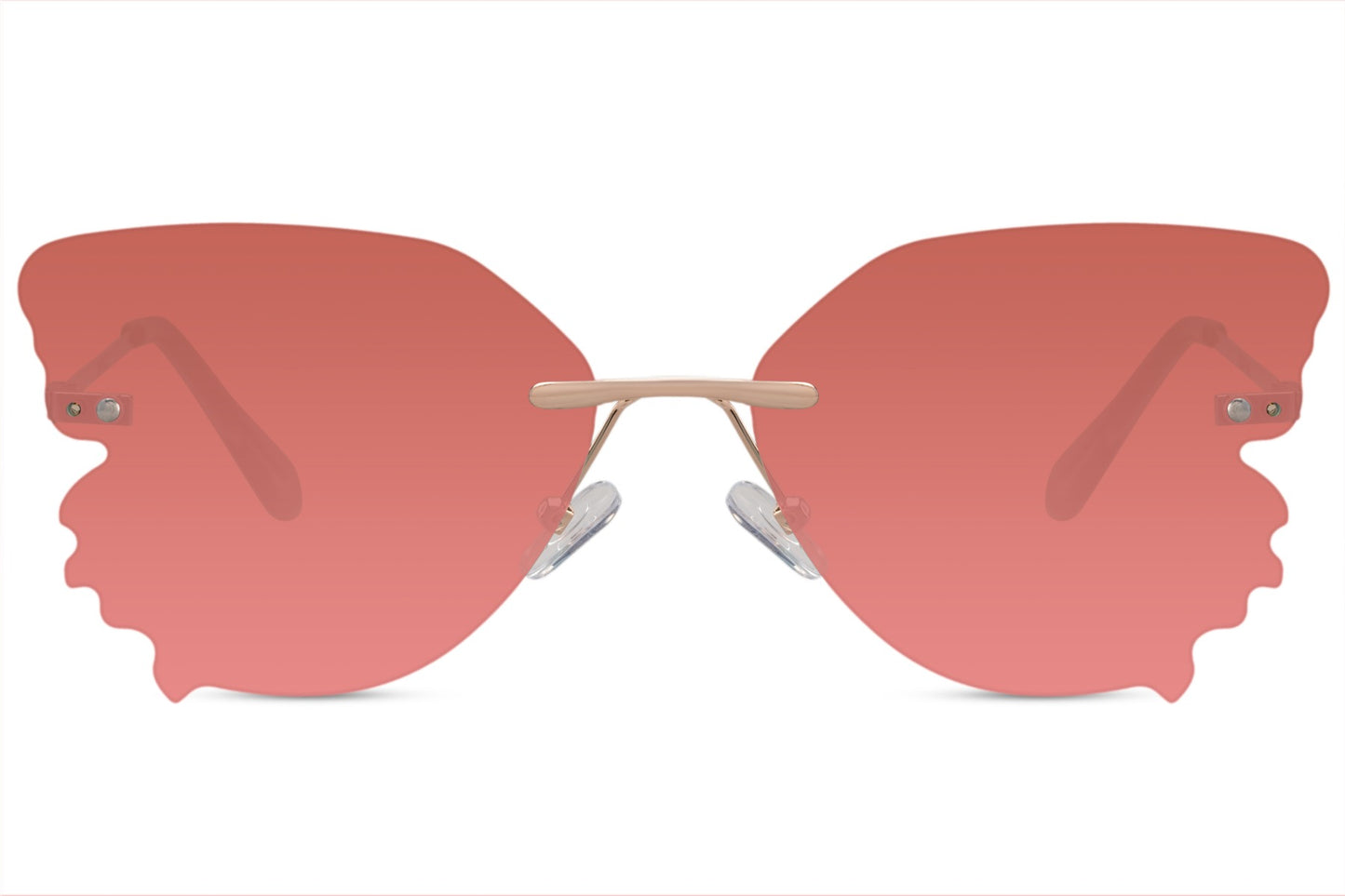 Rimless butterfly party sunglasses in pink rose tint with gold stainless steel frame — statement festival eyewear for women, UV400