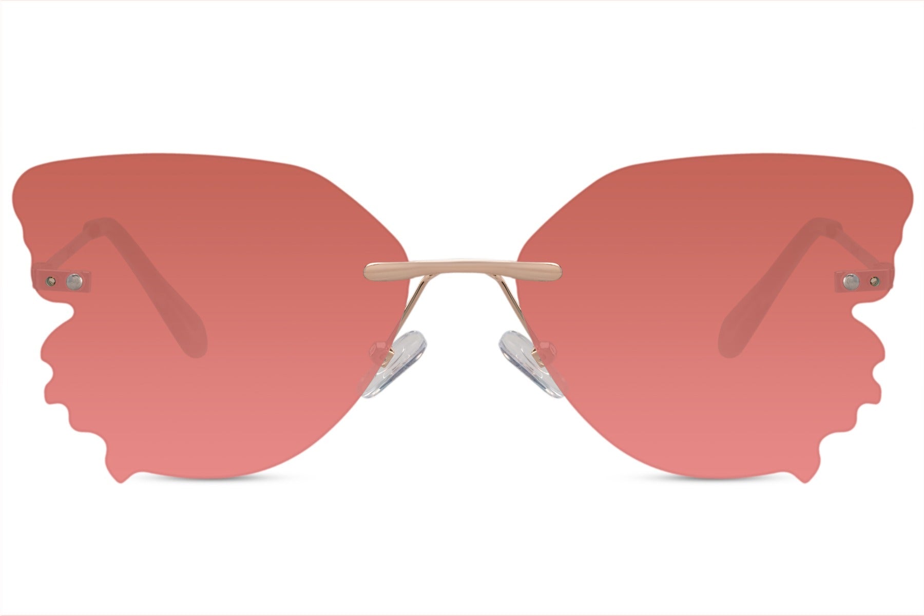 Rimless butterfly party sunglasses in pink rose tint with gold stainless steel frame — statement festival eyewear for women, UV400