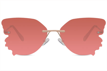 Rimless butterfly party sunglasses in pink rose tint with gold stainless steel frame — statement festival eyewear for women, UV400