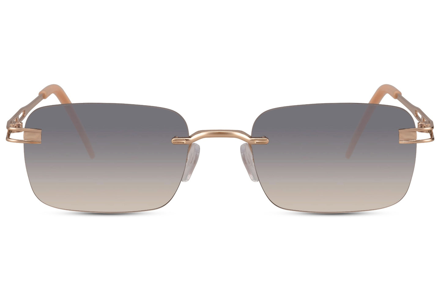 Rimless colour tinted rectangle sunglasses for men and women with rose gold copper frame and dark smoke polycarbonate lens – minimalist frameless retro shades for smart casual wear and holidays, free delivery across UK and Europe from Sunglass Station