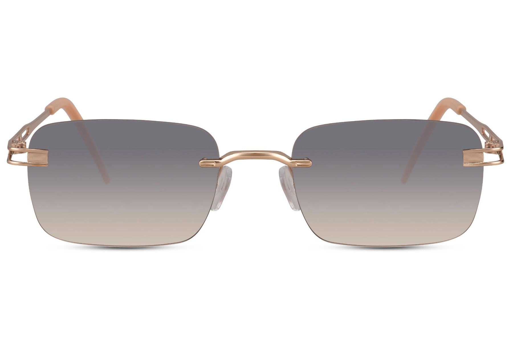 Rimless colour tinted rectangle sunglasses for men and women with rose gold copper frame and dark smoke polycarbonate lens – minimalist frameless retro shades for smart casual wear and holidays, free delivery across UK and Europe from Sunglass Station