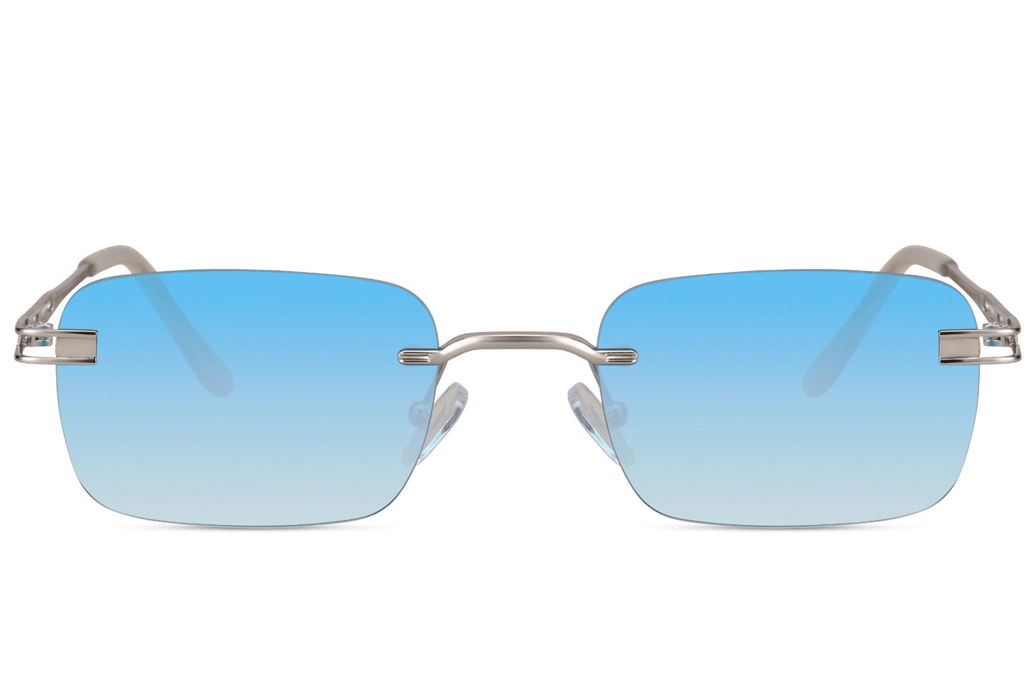 Rimless colour tinted rectangle sunglasses for men and women with rose gold metal frame and ice blue tinted polycarbonate lens – chic frameless retro rectangle shades for summer holidays and festivals, Sunglass Station free UK and Europe delivery