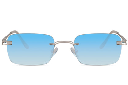 Rimless colour tinted rectangle sunglasses for men and women with rose gold metal frame and ice blue tinted polycarbonate lens – chic frameless retro rectangle shades for summer holidays and festivals, Sunglass Station free UK and Europe delivery