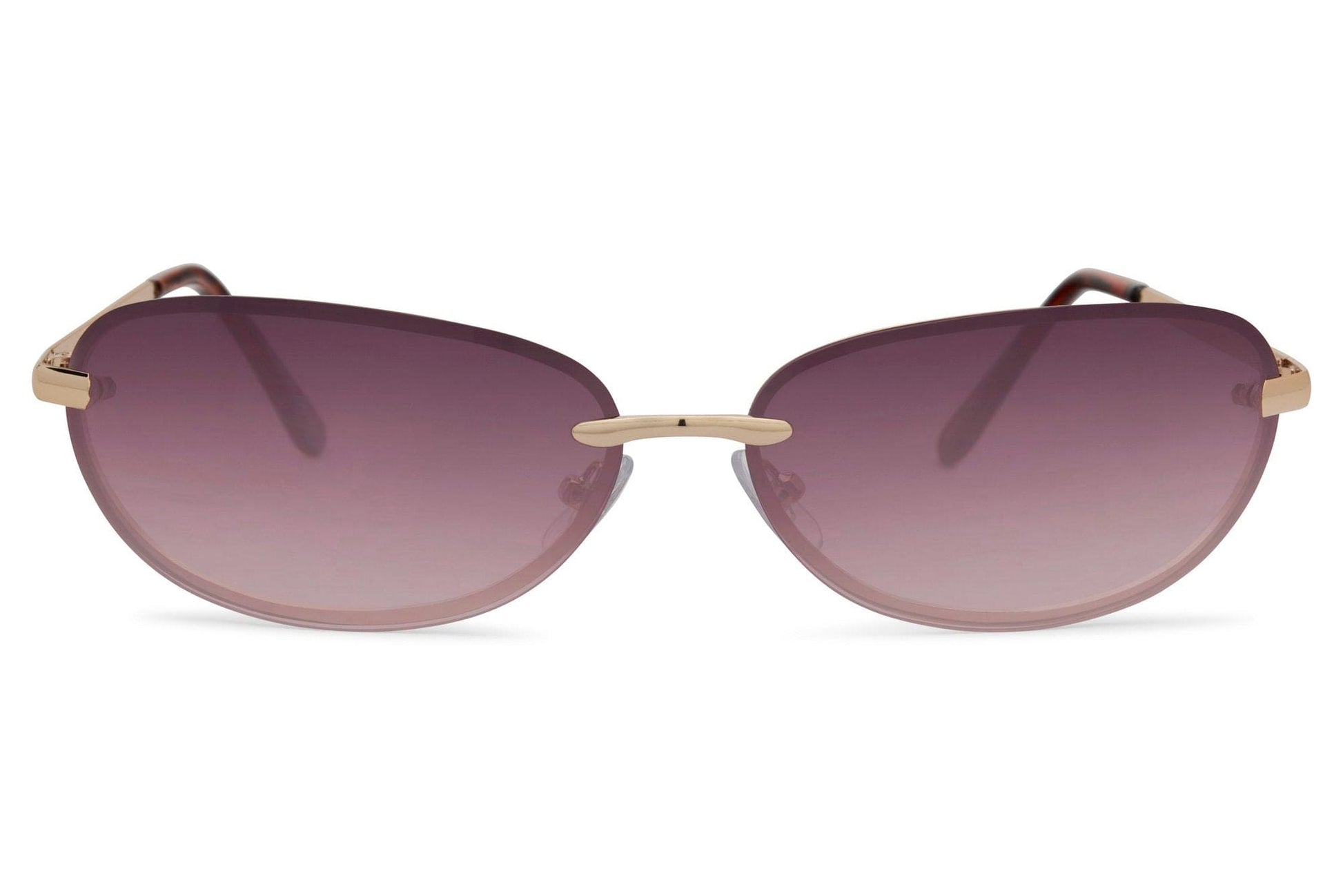 Rimless oval sunglasses for women with gold copper frame and purple mauve tinted polycarbonate lens – elegant frameless shades with a retro luxe finish, Sunglass Station free shipping UK and Europe