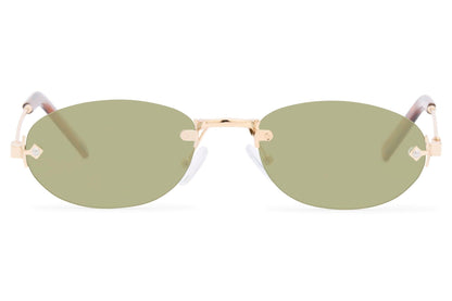 Rimless oval vintage sunglasses for men and women with gold copper frame and green olive translucent polycarbonate lens – lightweight frameless retro eyewear for festivals and holidays, Sunglass Station free shipping UK and Europe